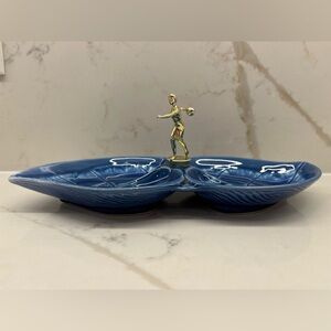 Vintage Japan Blue Glazed Divided Leaf Shaped Dish with Female Bowling on Handle